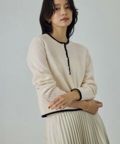 ROPE' / ロペ ニット・セーター | カシミヤ混 透かし柄バイカラーニット/イージーケア