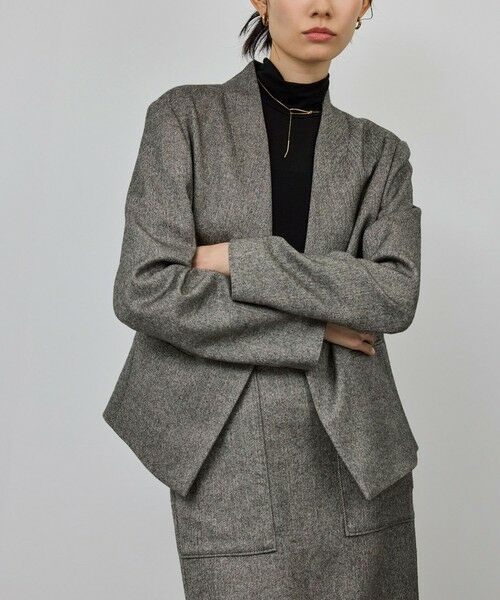 ROPE'/ロペ ウール混ノーカラージャケット(無地/ヘリンボーン)/セットアップ対応 ブラック系(02) 36 ROPE'/ロペ ウール混ノーカラージャケット(無地/ヘリンボーン)/セットアップ対応 ブラック系(02) 36