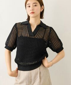 ROPE' / ロペ ニット・セーター | リネン混 透かし編みスキッパーポロ襟プルオーバー(5分袖)
