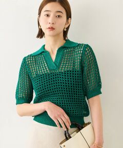 ROPE' / ロペ ニット・セーター | リネン混 透かし編みスキッパーポロ襟プルオーバー(5分袖)