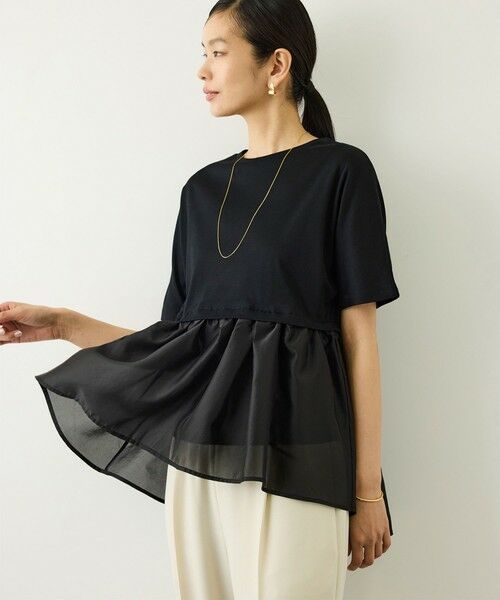 ROPE' / ロペ Tシャツ | カットオーガンジー ドッキングペプラムカットソー/接触冷感・汗ジミ防止加工・吸水速乾・イージーケア（ブラック(01)）