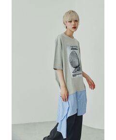 リメイク調デザインにモノトーンのグラフィックが何処かモードな雰囲気を併せ持つTシャツ<br/>・Tシャツ部分は洗いざらし感のあるコットンカットソー素材を使用<br/>・裾は滑らかなストライプのシャツ生地を使用<br/>・シャツをレイヤードしたように見えるドッキングデザイン<br/>・OKIRAKU×ROSE BUDらしいグラフィックデザイン<br/>・チュニックやミニワンピースのような丈感<br/><br/><br/>【スタッフレビュー】<br/>グラフィックテーマは「FUSION」異なる２つ以上の物を融合することにより想像を作り出す。<br/>融合→ディファレントワールド。時間と空間の異なる世界につながる架空のトンネルのような。<br/>創造とは一種のタイムマシンにの様なもので有る事から、「物事はどちらから見るかで全く別の見え方がある」そんな広い視野を持つと素晴らしい融合が産まれる。今の新しい時代だからこそ持ち合わせたい視点をグラフィックで表現した異素材ドッキングTシャツです。<br/><br/><br/>【取扱注意事項】<br/>モデルの着用画像の場合、光の当たり具合により、実際の色味と異なって見えることがございます。色味は、商品生地の画像をご参照ください。<br/><br/><br/>【メーカー品番：BC64402】<BR>透け感/なし|裏地/なし|光沢/なし|生地の厚さ/普通|伸縮性/なし|シルエット/スタンダード