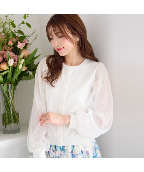 Rose Tiara/ローズティアラ チュール袖ニットカーディガン オフ 38 Rose Tiara/ローズティアラ チュール袖ニットカーディガン オフ 38