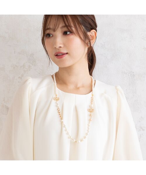 Rose Tiara/ローズティアラ リボンパール調ビーズネックレス ゴールド F Rose Tiara/ローズティアラ リボンパール調ビーズネックレス ゴールド F