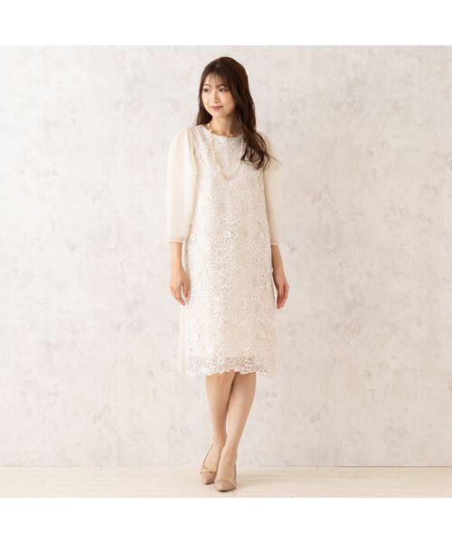Rose Tiara/ローズティアラ チュール袖ワンピース ベージュ 38 Rose Tiara/ローズティアラ チュール袖ワンピース ベージュ 38