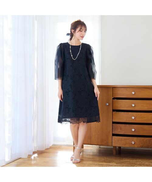 Rose Tiara/ローズティアラ チュール袖ワンピース ブラック 38 Rose Tiara/ローズティアラ チュール袖ワンピース ブラック 38