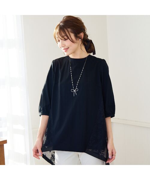Rose Tiara/ローズティアラ バックレース切替ボーダーカットソー ブラック 38 Rose Tiara/ローズティアラ バックレース切替ボーダーカットソー ブラック 38