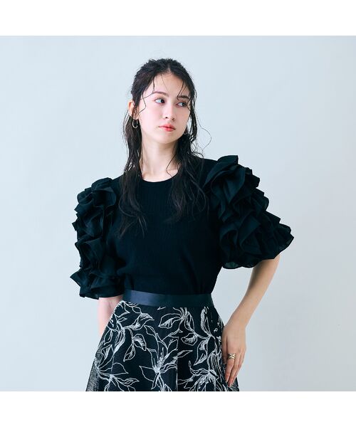 Rose Tiara/ローズティアラ 【大人百花掲載】タックフリル袖ニットプルオーバー ブラック 38 Rose Tiara/ローズティアラ 【大人百花掲載】タックフリル袖ニットプルオーバー ブラック 38
