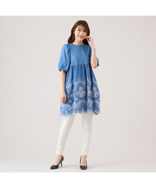 UNITED ARROWS フリル付きライトブルー半袖チュニック 45RONEONE いろいろフリルチュニック: WOMEN｜45R