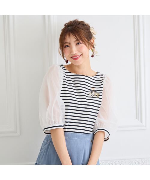 Rose Tiara/ローズティアラ 【22fabric】リボンコレクター/ボーダーカットソー ブラック 46 Rose Tiara/ローズティアラ 【22fabric】リボンコレクター/ボーダーカットソー ブラック 46