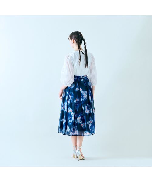 ローズティアラ　ネイビー プリーツ 長袖ブラウス　XL 42 大きいサイズ ローズティアラ ネイビー プリーツ 長袖ブラウス XL 42 大きい