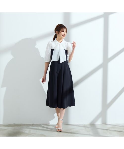 Rose Tiara/ローズティアラ 【人気の美ワンピ/半袖】【接触冷感/UVカット】ダブルクロスリボンタイワンピース ブラック 38 Rose Tiara/ローズティアラ 【人気の美ワンピ/半袖】【接触冷感/UVカット】ダブルクロスリボンタイワンピース ブラック 38
