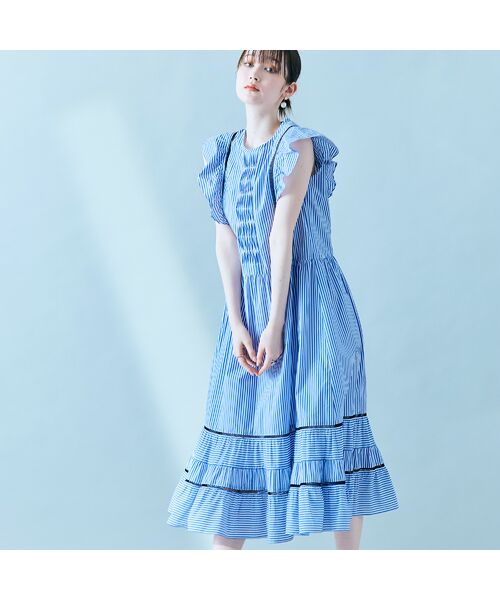希少美品 ローズティアラ 膝丈 ワンピース ブルー 50 ストライプ 半袖 6L 希少美品 ローズティアラ 膝丈 ワンピース ブルー 50 ストライプ