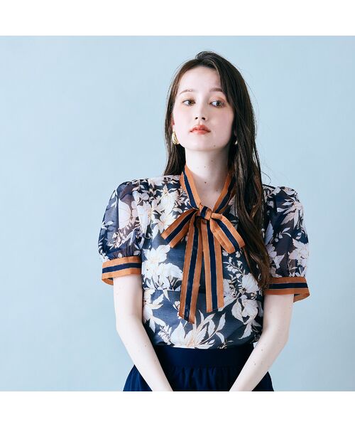 Rose Tiara/ローズティアラ フラワー×ボーダープリントブラウス ダークブルー 40