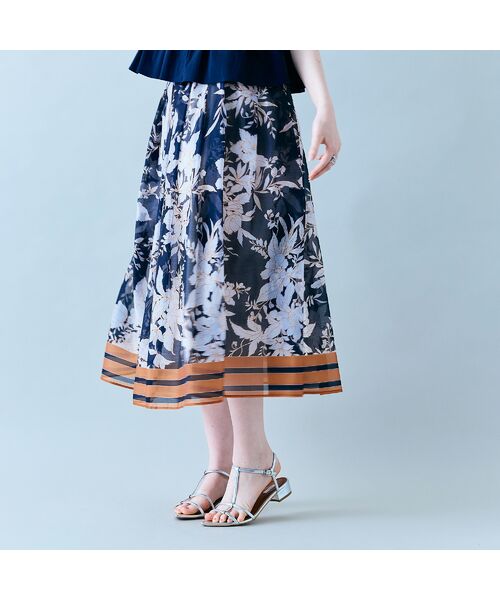 Rose Tiara/ローズティアラ フラワー×ボーダープリントスカート ダークブルー 42