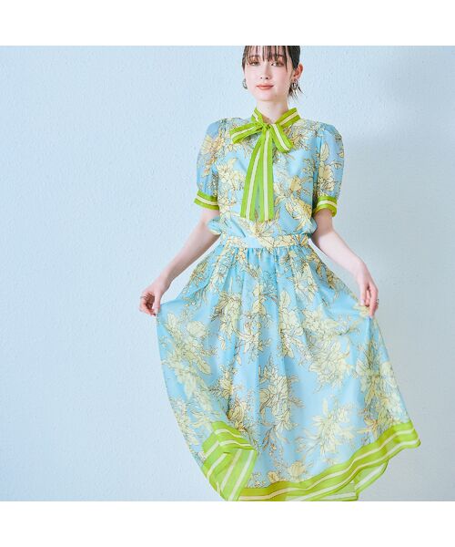 Rose Tiara/ローズティアラ フラワー×ボーダープリントスカート ブルー 38