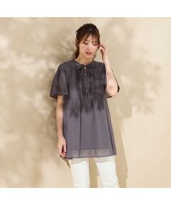 ブラウス シャツ 「接触冷感・UVケア・速乾・洗える」BackSatinAmunzen 5分袖ハイネックブラウス レディース 接触冷感・UVケア・速乾・洗える】BackSatinAmunzen ハイネック