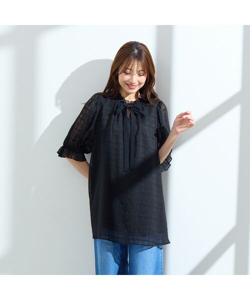 Rose Tiara/ローズティアラ シアーチェック配色リボンブラウス ブラック 46