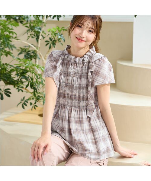 Rose Tiara/ローズティアラ 【手洗い可】チェックシャーリングブラウス ブラウン 46 Rose Tiara/ローズティアラ 【手洗い可】チェックシャーリングブラウス ブラウン 46