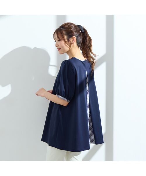 Rose Tiara/ローズティアラ 【手洗い可】チェック切替カットソー ダークブルー 40