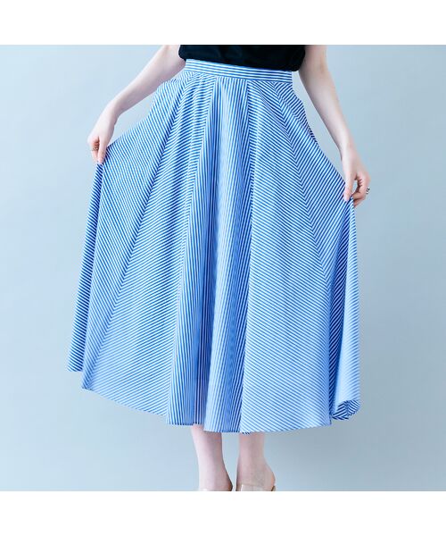 Rose Tiara / ローズティアラ ミニ・ひざ丈スカート | バイヤス使いフレアスカート/ストライプ(ブルー)