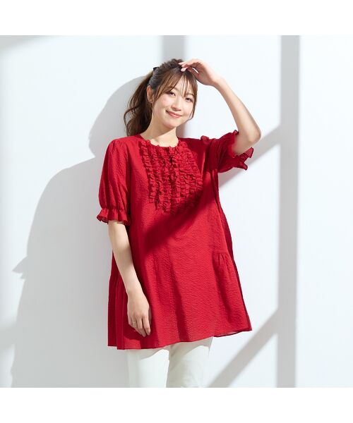 Rose Tiara/ローズティアラ 【人気追加】【綿100%/速乾/イージーケア】ミラクルウエーブフリルチュニック レッド 46 Rose Tiara/ローズティアラ 【人気追加】【綿100%/速乾/イージーケア】ミラクルウエーブフリルチュニック レッド 46