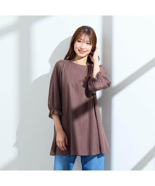 Rose Tiara / ローズティアラ シャツ・ブラウス | 【コットン100%/水洗い可】シースルーチェックバックリボンブラウス(ブラウン)