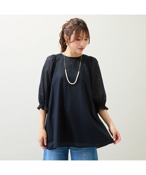 Rose Tiara/ローズティアラ 【コットン100％/水洗い可】シースルーチェックバックリボンブラウス ダークブルー 38