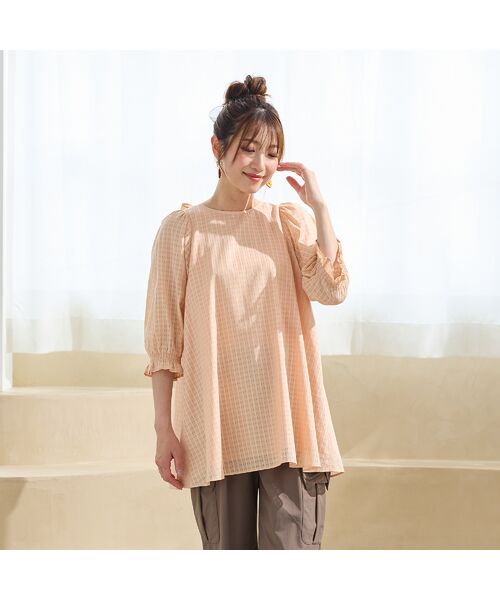 Rose Tiara / ローズティアラ シャツ・ブラウス | 【コットン100%/水洗い可】シースルーチェックバックリボンブラウス(オレンジ)