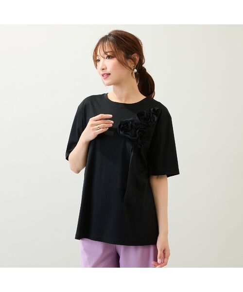 Rose Tiara/ローズティアラ 【接触冷感/綿100%/手洗いOK】巻きバラ刺繍カットソー ブラック 38 Rose Tiara/ローズティアラ 【接触冷感/綿100%/手洗いOK】巻きバラ刺繍カットソー ブラック 38