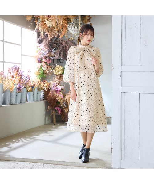 Rose Tiara / ローズティアラ ミニ丈・ひざ丈ワンピース | オーガンジーフロッキードットリボンワンピース | 詳細1