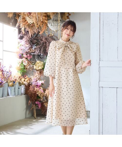 Rose Tiara/ローズティアラ オーガンジーフロッキードットリボンワンピース ベージュ 42 Rose Tiara/ローズティアラ オーガンジーフロッキードットリボンワンピース ベージュ 42