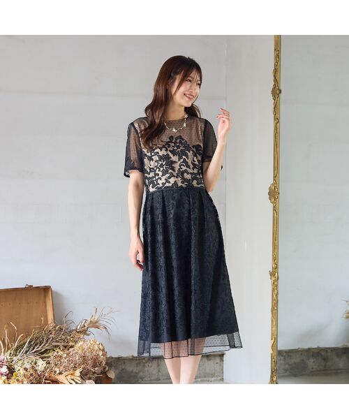 Rose Tiara/ローズティアラ 【美シルエット】ドットチュール刺繍ワンピース キャメル 42 Rose Tiara/ローズティアラ 【美シルエット】ドットチュール刺繍ワンピース キャメル 42