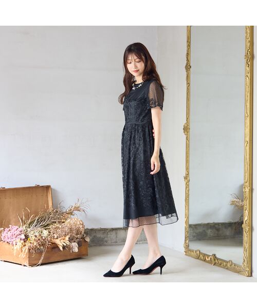 Rose Tiara / ローズティアラ ミニ丈・ひざ丈ワンピース | 【美シルエット】ドットチュール刺繍ワンピース | 詳細6