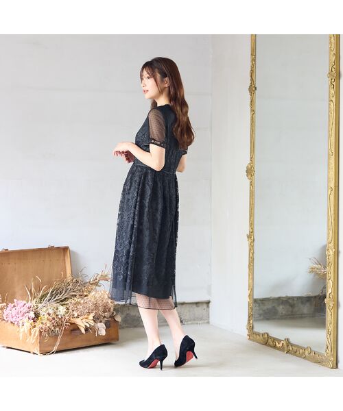 Rose Tiara / ローズティアラ ミニ丈・ひざ丈ワンピース | 【美シルエット】ドットチュール刺繍ワンピース | 詳細7