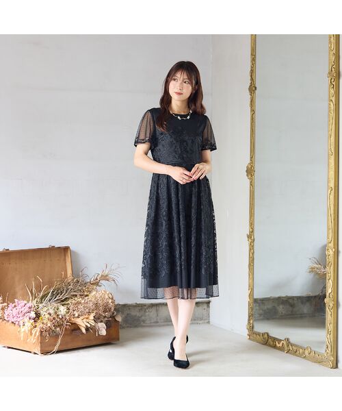 Rose Tiara/ローズティアラ 【美シルエット】ドットチュール刺繍ワンピース ブラック 38 Rose Tiara/ローズティアラ 【美シルエット】ドットチュール刺繍ワンピース ブラック 38
