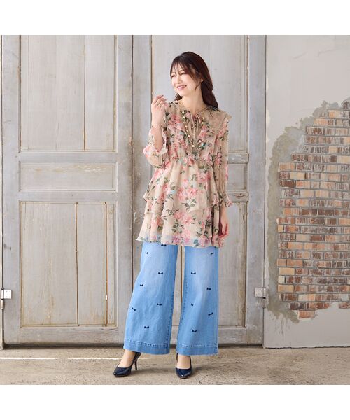 Rose Tiara / ローズティアラ デニムパンツ | 【人気デザイン】【手洗いOK】リボン刺繍ワイドデニム(ダークブルー)