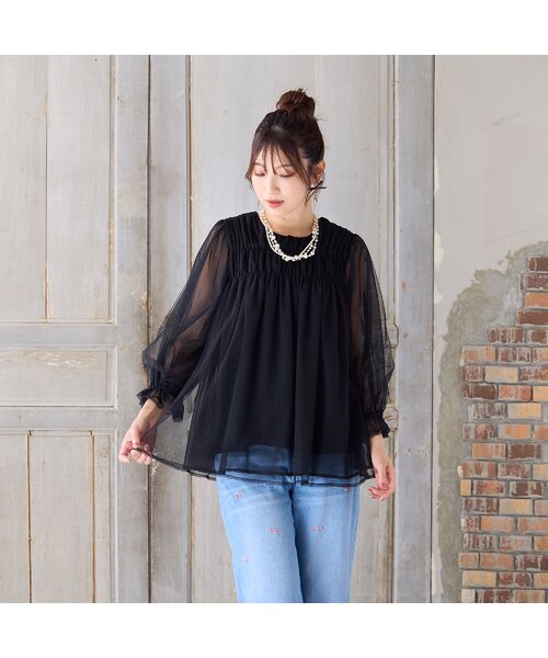 Rose Tiara/ローズティアラ 【手洗いOK】チュール重ねカットソー ブラック 38 Rose Tiara/ローズティアラ 【手洗いOK】チュール重ねカットソー ブラック 38