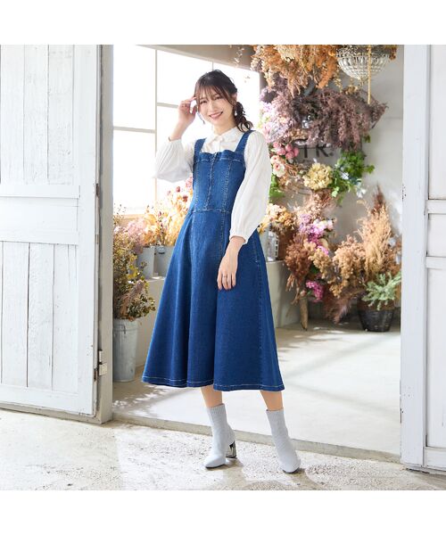 Rose Tiara / ローズティアラ ミニ丈・ひざ丈ワンピース | 【伸縮性◎】フレアデニムジャンパースカート | 詳細1