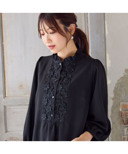 Rose Tiara / ローズティアラ シャツ・ブラウス | 【手洗いOK】ケミカルレース切替ブラウス(ブラック)