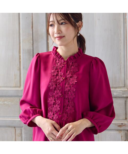 Rose Tiara/ローズティアラ 【手洗いOK】ケミカルレース切替ブラウス ワイン 42 Rose Tiara/ローズティアラ 【手洗いOK】ケミカルレース切替ブラウス ワイン 42
