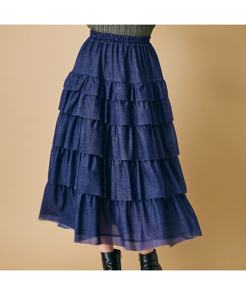 Rose Tiara / ローズティアラ ミニ・ひざ丈スカート | デニムプリントオーガンジースカート | 詳細1