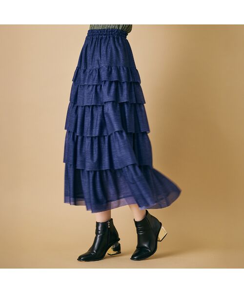 Rose Tiara / ローズティアラ ミニ・ひざ丈スカート | デニムプリントオーガンジースカート | 詳細2