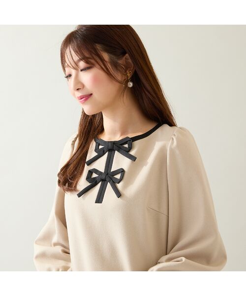 Rose Tiara / ローズティアラ ミニ丈・ひざ丈ワンピース | 【伸縮性◎/イージーケア】配色リボンワンピース(ベージュ)