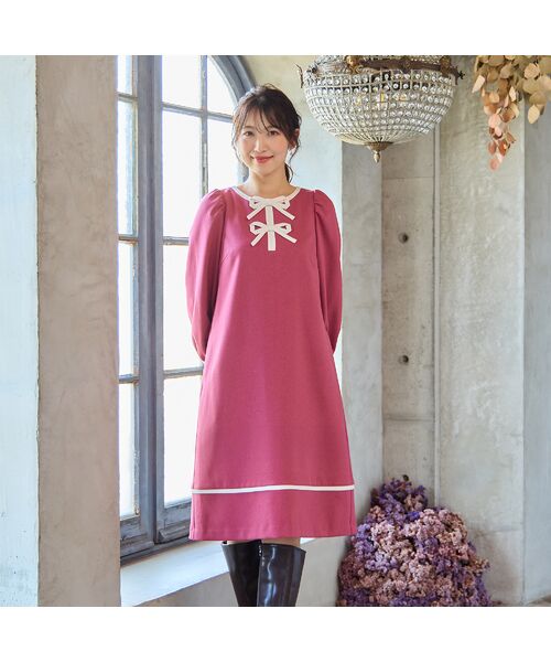 Rose Tiara / ローズティアラ ミニ丈・ひざ丈ワンピース | 【伸縮性◎/イージーケア】配色リボンワンピース(ピンク)