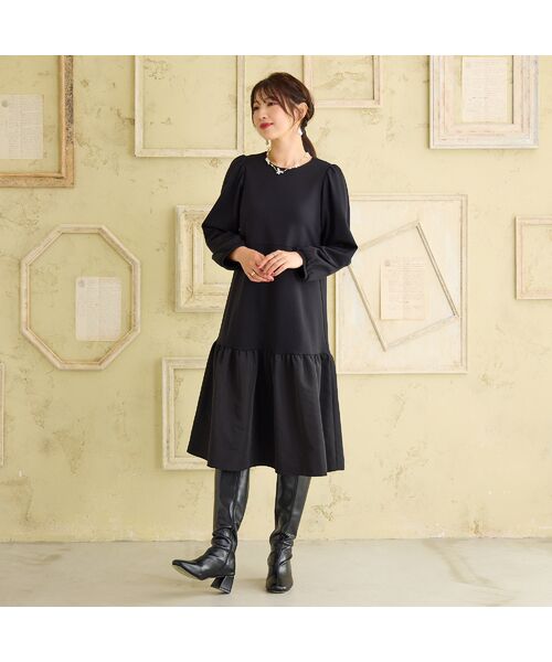 Rose Tiara / ローズティアラ ミニ丈・ひざ丈ワンピース | 【吸湿発熱/保温性】異素材切替ティアードワンピース | 詳細1