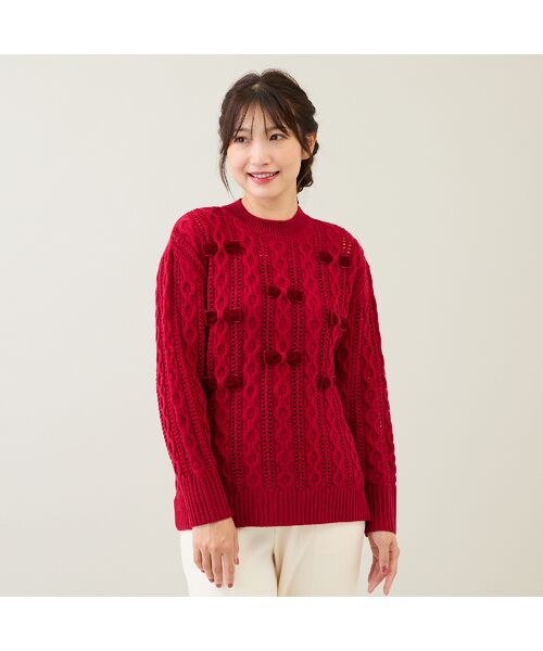 Rose Tiara / ローズティアラ ニット・セーター | リボン×ケーブル編みニットプルオーバー(レッド)