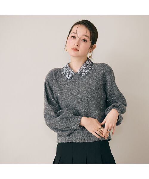 Rose Tiara/ローズティアラ フラワーモチーフ襟付きニット グレー 38