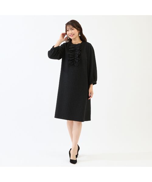 Rose Tiara / ローズティアラ ミニ丈・ひざ丈ワンピース | フロントリボンループツイードワンピース(ブラック)