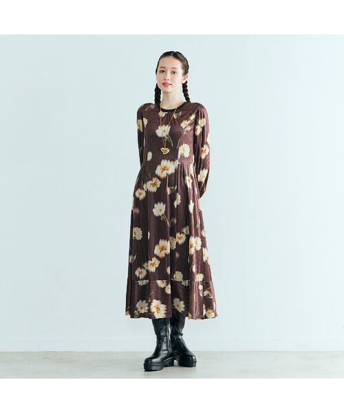 Rose Tiara / ローズティアラ ミニ丈・ひざ丈ワンピース | ストライプベロアフラワープリントワンピース | 詳細1